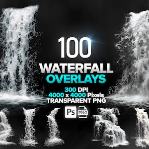 Peut inclure: Une collection de 100 superpositions de cascades en format PNG transparent. L'image présente plusieurs cascades en nuances de blanc et de gris sur un fond sombre. Le texte comprend "100 WATERFALL OVERLAYS" et les détails de la résolution.