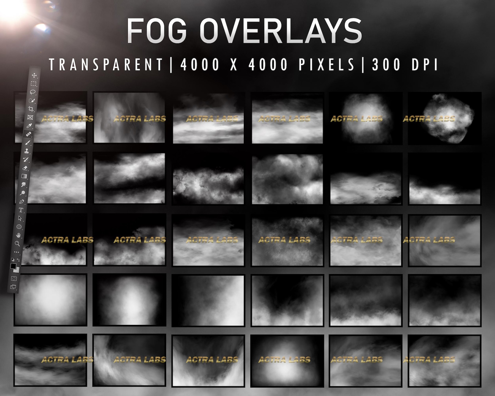 100 Fog Overlays for Photoshop, Smoke Overlay, Transparent PNG, Mist