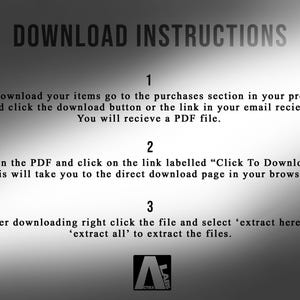 Puede incluir: Imagen en escala de grises con el texto "DOWNLOAD INSTRUCTIONS" en la parte superior. Las instrucciones est&aacute;n numeradas del 1 al 3, detallando c&oacute;mo descargar un archivo despu&eacute;s de la compra. La imagen incluye el logotipo de ACTRA LABS.