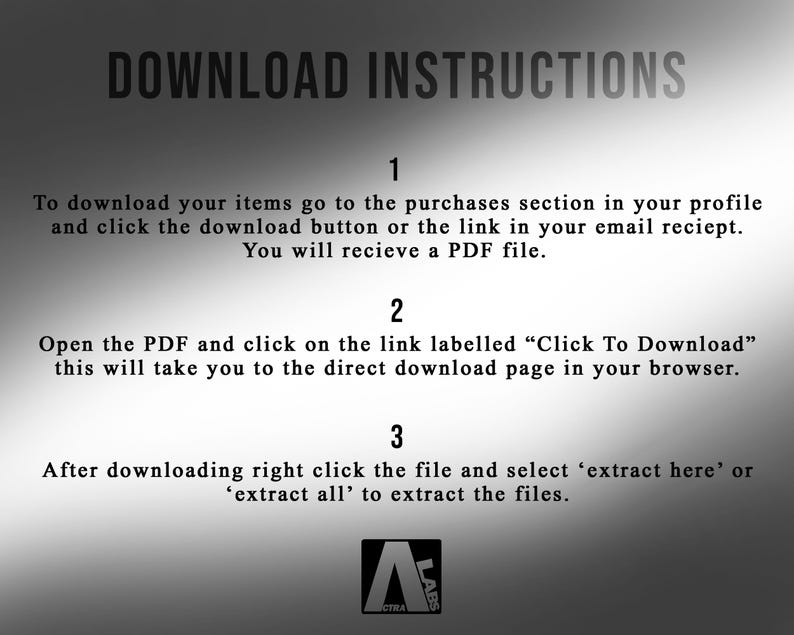 Puede incluir: Imagen en escala de grises con el texto "DOWNLOAD INSTRUCTIONS" en la parte superior. Las instrucciones est&aacute;n numeradas del 1 al 3, detallando c&oacute;mo descargar un archivo despu&eacute;s de la compra. La imagen incluye el logotipo de ACTRA LABS.