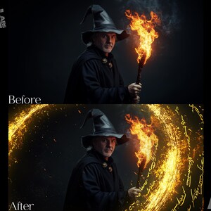May include: A wizard in a black robe and pointed hat holds a flaming torch. The background is dark and smoky, with a swirling golden light effect and runes.