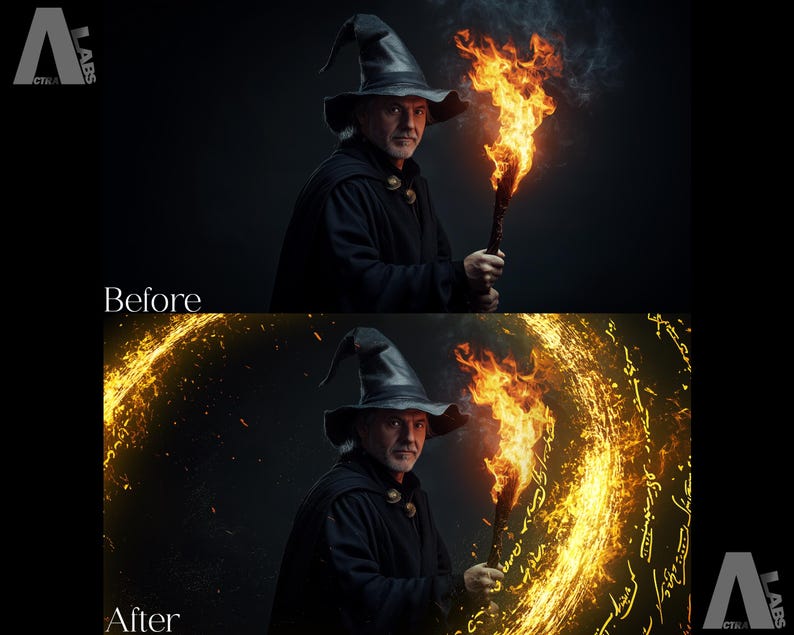 May include: A wizard in a black robe and pointed hat holds a flaming torch. The background is dark and smoky, with a swirling golden light effect and runes.