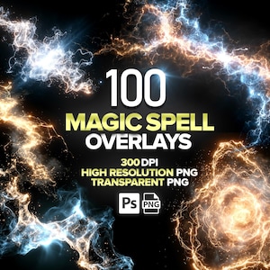 May include: Digital graphic design featuring 100 magic spell overlays. The image includes dynamic, glowing effects in shades of blue, gold, and white against a dark background. Text indicates high-resolution PNG files.