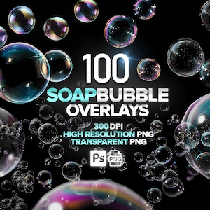 May include: A digital graphic featuring numerous soap bubbles of varying sizes and colors against a black background. The text "100 SOAPBUBBLE OVERLAYS" is prominently displayed, along with details about resolution and file type.