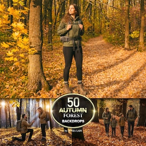 Op de afbeelding: Een collectie van 50 digitale herfstbos-achtergronden met diverse scènes van mensen in bosrijke omgevingen met goudkleurig gebladerte, waaronder een wandelaar, een huwelijksaanzoek en een gezin, met de tekst 50 AUTUMN FOREST BACKDROPS.