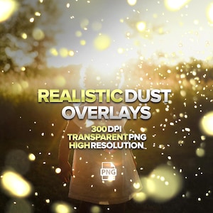 May include: Image of a person in a white dress, with the text "REALISTIC DUST OVERLAYS" in gold and white. The image also includes the text "300 DPI TRANSPARENT PNG HIGH RESOLUTION" and a PNG logo.