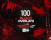 100 Blood Photoshop Overlays, Transparent PNG, Blood Overlays, Horror Blood Effects, Realistic Blood Splatter, Digital Download