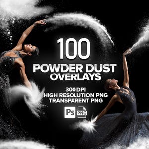 May include: A digital art graphic featuring two women in dark gowns, dancing with white powder effects. The text reads "100 Powder Dust Overlays, 300 DPI High Resolution PNG Transparent PNG". The background is black.