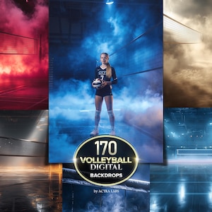 May include: A composite image featuring a volleyball player holding a ball, surrounded by digital backdrops. The backdrops showcase various volleyball court scenes with nets and dramatic lighting. Text on the image reads "170 Volleyball Digital Backdrops".