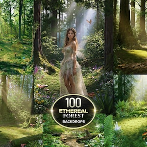 Può includere: Una collezione digitale di 100 sfondi di foreste eteree con scene di boschi verdi, radure soleggiate, terreno muschioso, felci, funghi e un'immagine centrale di una persona con ali in un abito, etichettata 100 ETHEREAL FOREST BACKDROPS.