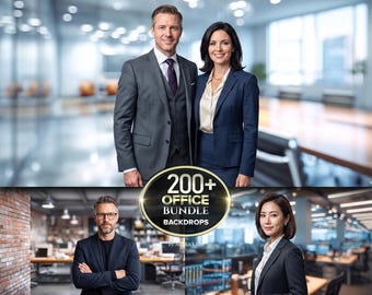 Puede incluir: Imagen promocional de fondos de oficina. La imagen principal muestra a dos personas con trajes de negocios. El texto dice "200+ OFFICE BUNDLE BACKDROPS". Imágenes adicionales muestran entornos de oficina y profesionales.