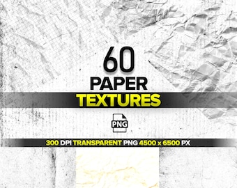 May include: An image featuring the text "60 PAPER TEXTURES" in black and yellow, with a PNG icon. The background shows various crumpled paper textures in shades of white and gray. The bottom of the image includes the text "300 DPI TRANSPARENT PNG 4500 x 6500 PX".