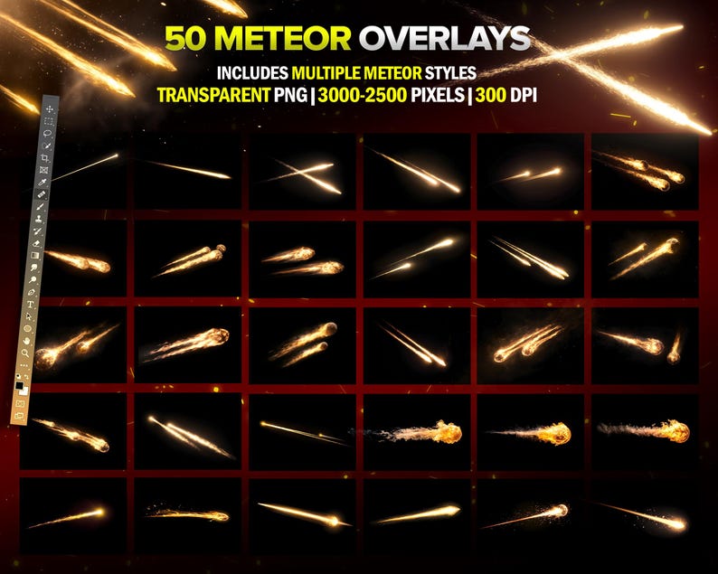 Puede incluir: Gr&aacute;fico de arte digital con 50 superposiciones de meteoritos en varios estilos. La imagen incluye m&uacute;ltiples ilustraciones de meteoritos brillantes con archivos PNG transparentes, de 3000-2500 p&iacute;xeles a 300 DPI. El texto dice "50 METEOR OVERLAYS".