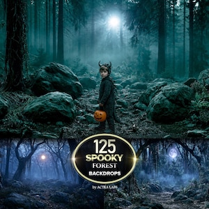 May include: A digital collection of 125 spooky forest backdrops by Actra Labs, featuring a dark, misty woodland scene with a child in a horned costume holding a pumpkin bucket, and smaller preview images of moonlit, foggy, and eerie forest landscapes.