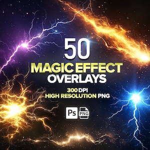 50種類の魔法エフェクト、魔法エネルギーオーバーレイ、稲妻PNG、スパーク、オーブ、デジタルダウンロード