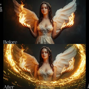 May include: A woman with long brown hair and a white dress is standing with her arms outstretched. She has wings made of white feathers with flames at the tips. The flames are creating a swirling ring of fire around her.