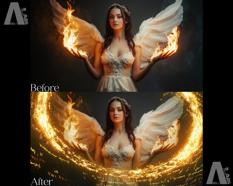 May include: A woman with long brown hair and a white dress is standing with her arms outstretched. She has wings made of white feathers with flames at the tips. The flames are creating a swirling ring of fire around her.