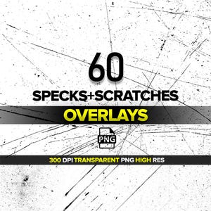 May include: A digital graphic featuring the text 60 SPECKS+SCRATCHES OVERLAYS with a PNG icon and the text 300 DPI TRANSPARENT PNG HIGH RES. The background consists of a white surface covered in numerous black specks and thin, intersecting scratch marks.