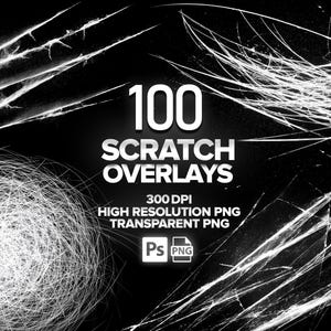 Puede incluir: Imagen digital en blanco y negro con 100 superposiciones de rasguños. La imagen incluye varias texturas de rasguños y el texto "100 Scratch Overlays" en blanco. Texto adicional indica 300 DPI PNG de alta resolución PNG transparente.