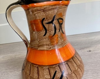 Vintage 1930's Myott Art Deco Jug/Pitcher with a pinched spout and wide base, decorated in Orange and Brown Hand-Painted Abstract Design