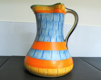 Rare Banded Pattern 1930s Art Deco Pinch Jug - Hand-Painted in Scalloped Blue to the Main Body and Contrasting Orange, Brown and Green Bands