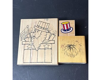 Patriotic Rubber Stamp Set Of 3 - Uncle Sam Fireworks Hat - Limited Edition 1997 & Stampabilities
