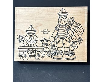 Patriotic Boy with Dog with Wagon & American Flag Rubber Stamp