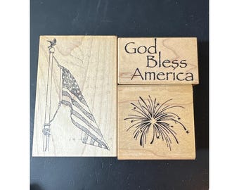 Patriot Stamp Bundle- American Flag, God Bless America, Fireworks Rubber Stamps