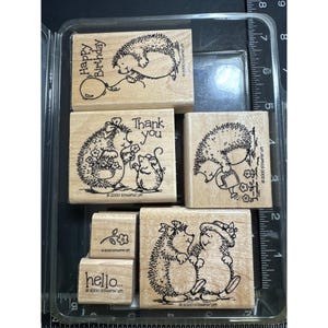 Stampin Up! 2000 Hedgehog Happiness Wood Rubber Stamps Set Of 6 For Crafting & Cardmaking