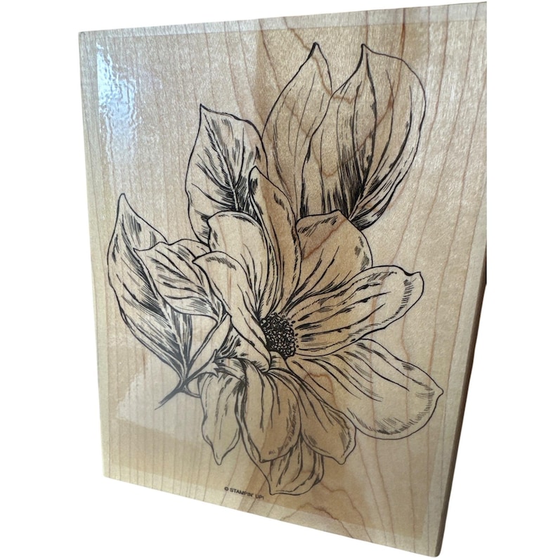 May include: A wooden stamp featuring a detailed black and white floral design. The image showcases a large flower with multiple petals and leaves, perfect for crafting and scrapbooking projects. The stamp is made of light-colored wood.