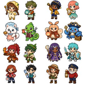 May include: A collection of sixteen diverse chibi-style character illustrations arranged in a four-by-four grid. The characters include various fantasy and professional figures such as a beekeeper, a knight, a sailor, a medic, and a moth-like creature.