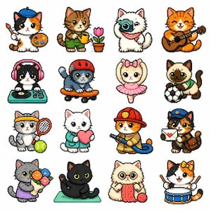 May include: A collection of sixteen pixel art cat illustrations featuring various activities including painting, gardening, photography, playing guitar, DJing, skateboarding, ballet, soccer, tennis, holding a heart, firefighting, mail delivery, flowers, yoga, knitting, and drumming.