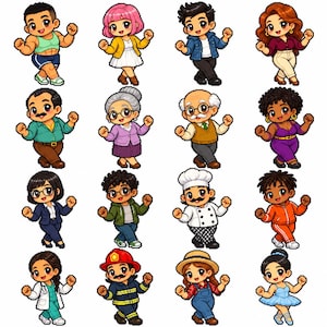 May include: A collection of sixteen diverse pixel art characters in a chibi style, each depicted in a dynamic pose with raised fists. The figures represent various occupations and styles, including a chef, firefighter, doctor, and dancer.