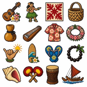May include: A collection of sixteen pixel art icons featuring Hawaiian-themed items including a ukulele, a hula dancer, a woven basket, a floral shirt, a lei, a surfboard, flip-flops, a shell, maracas, a drum, and a traditional sailing canoe.