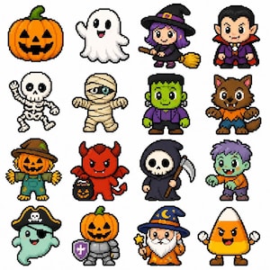 May include: A collection of sixteen pixel art characters featuring a pumpkin, ghost, witch, vampire, skeleton, mummy, Frankenstein monster, werewolf, scarecrow, devil, grim reaper, zombie, pirate ghost, knight pumpkin, wizard, and candy corn.