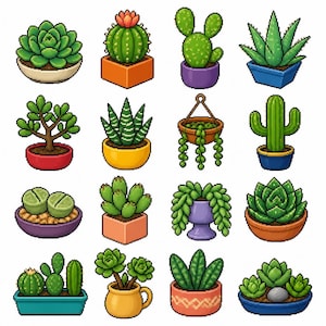 May include: A collection of sixteen pixel art illustrations featuring various green cacti and succulents in colorful pots, including round, square, and hanging planters, displayed in a four-by-four grid arrangement.