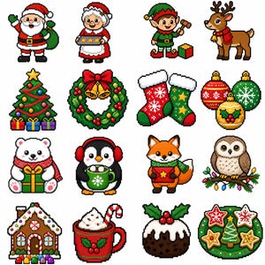 May include: A collection of sixteen pixel art Christmas icons featuring Santa Claus, Mrs. Claus, an elf, a reindeer, a decorated tree, a wreath, stockings, ornaments, a polar bear, a penguin, a fox, an owl, a gingerbread house, cocoa, pudding, and cookies.