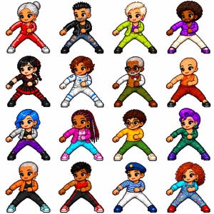 May include: A collection of sixteen pixel art characters arranged in a four-by-four grid. Each character is depicted in a dynamic martial arts stance, wearing diverse outfits including tracksuits, jackets, dresses, and casual clothing in various colors.