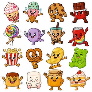 Könnte beinhalten: Eine Sammlung von sechzehn Cartoon-Lebensmittelcharakteren, darunter ein Cupcake, eine Eistüte, ein Keks, eine Schokoladentafel, ein Lutscher, ein Macaron, Bubble Tea, eine Getränkedose, Popcorn, eine Brezel, ein Kartoffelchip und ein Gummibärchen.