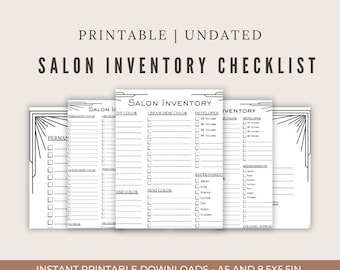 May include: Printable salon inventory checklist with sections for permanent, cream demi, semi, developer, and refreshments. The checklist is designed with a black and white art deco style.