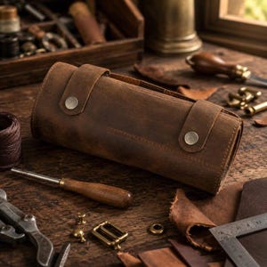 May include: A cylindrical brown leather tool roll featuring two straps with silver-toned metal snap buttons. The leather has a matte, distressed finish with visible stitching along the edges of the closure straps.