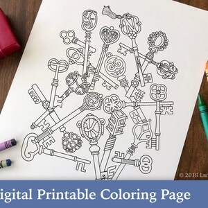 Coloring Page || Digital Download || Skeleton Keys || Secret Message || Vintage keys