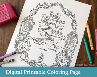 Coloring Page || Digital Download || Island || Castle || Ocean || Anchor || PDF