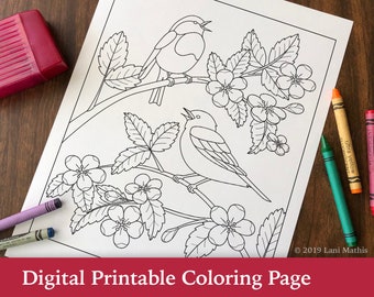 Coloring Page || Digital Download || Garden || Birds || flowers || PDF