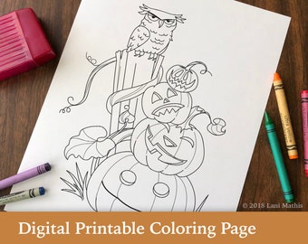 Coloring Page || Digital Download || Halloween || Pumpkins || Owl || Spooky