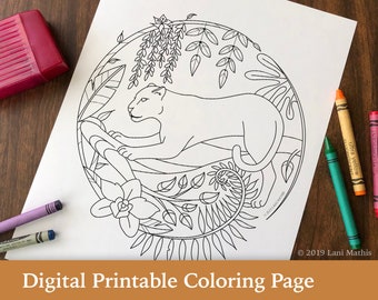 Coloring Page || Digital Download || Tropical || Jungle || Panther || Cat || PDF