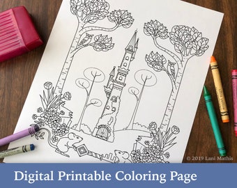 Coloring Page || Digital Download || Tower || Castle || Fairy Tale || trees || Rapunzel || mouse || PDF