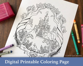 Coloring Page || Digital Download || Forest || Castle || Trees || Flowers || PDF