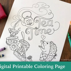 Kleurplaat || Digitale download || Theetijd voor Harriet || Egel || Afdrukbaar || Koekjes || taart || Pdf