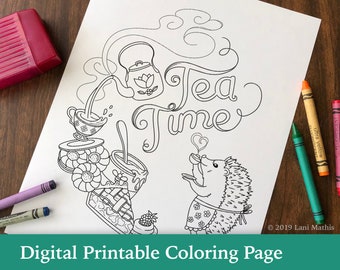 Coloring Page || Digital Download || Tea Time for Harriet || Hedgehog || Printable || Cookies || pie || PDF